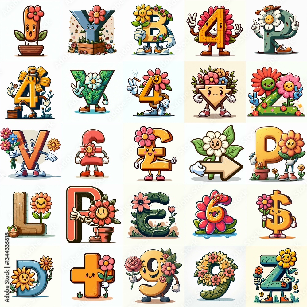 Fototapeta premium Cartoon flowers mascot Lettering Typeface. AI generated illustration