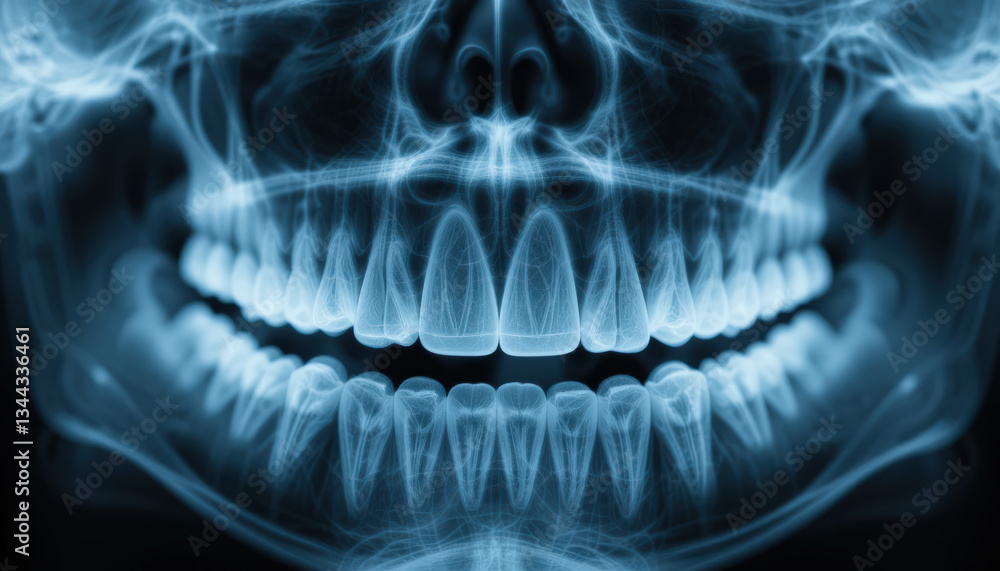Panoramic dental radiography. View of a mouth with teeth and jaw. Panoramic dental radiography. View of a mouth with teeth and jaw.