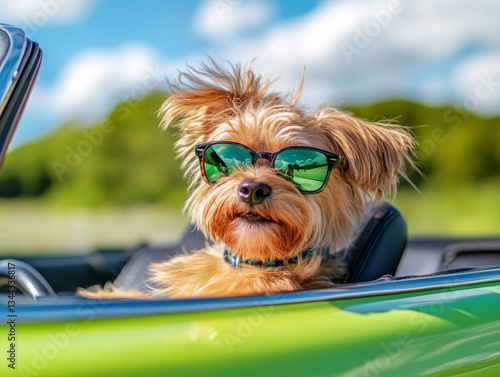 dog wearing sunglasses enjoys ride in vibrant green convertible under bright blue sky. playful expression and wind blown fur add to cheerful atmosphere of this sunny day