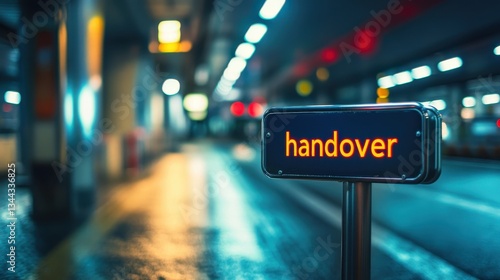 Wallpaper Mural An intriguing image depicting a futuristic urban travel scene featuring a prominent "handover" sign, with blurred lights in the background, exuding a sense of fast-paced motion and transition. Torontodigital.ca