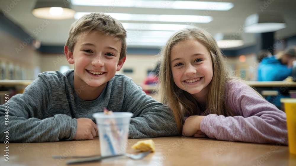 Obraz premium Young boy and girl at school lunch table smiling to camera