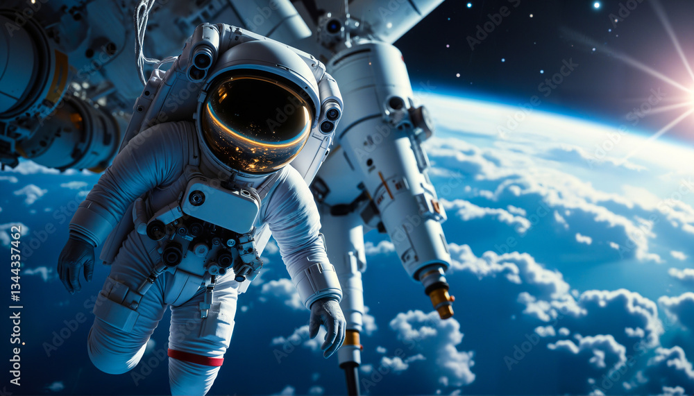 Naklejka premium A detailed space scene of an astronaut floating weightlessly, with Earth and the Milky Way in the background.