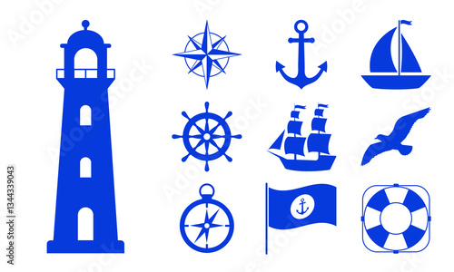 A collection of nautical icons featuring a lighthouse, anchor, compass, ship, seagull, flag and lifebuoy. Simple blue silhouettes make this set ideal for nautical related designs, logos and decorative