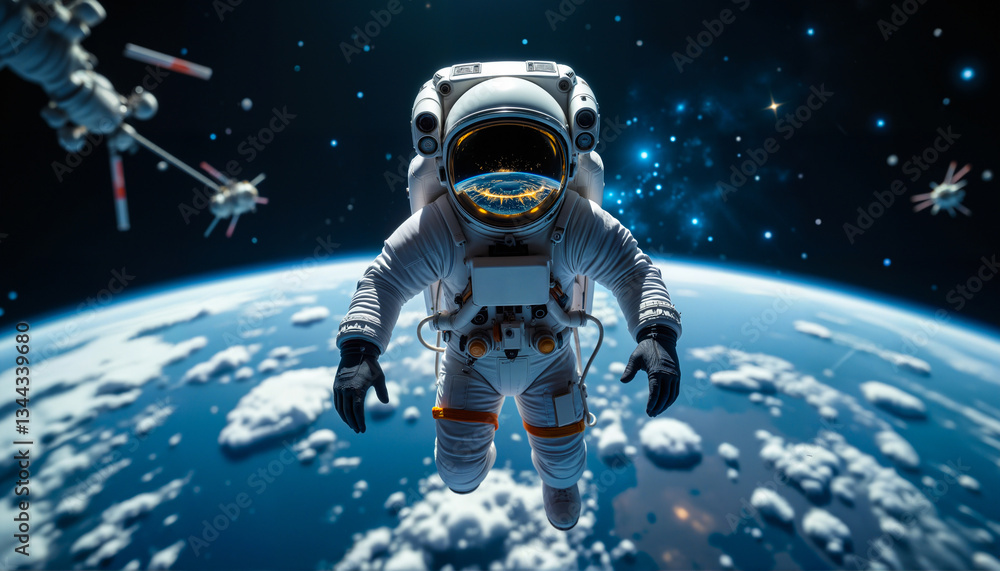 An astronaut in a detailed space suit drifts weightlessly, Earth’s vibrant blues and whites reflecting in the visor. An astronaut in a detailed space suit drifts weightlessly, Earth’s vibrant blues and whites reflecting in the visor.