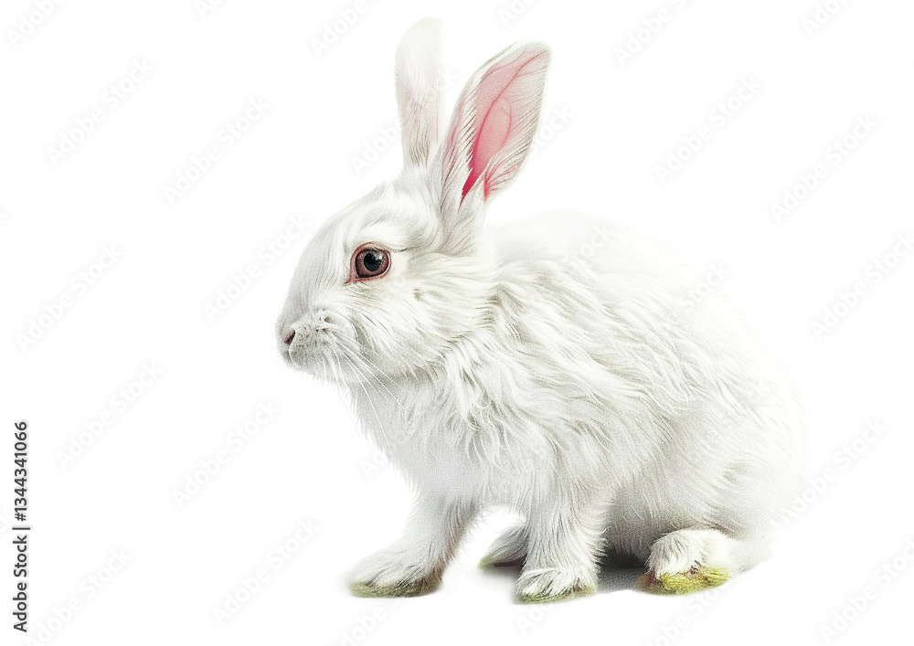 Fluffy white rabbit in side pose with white backdrop