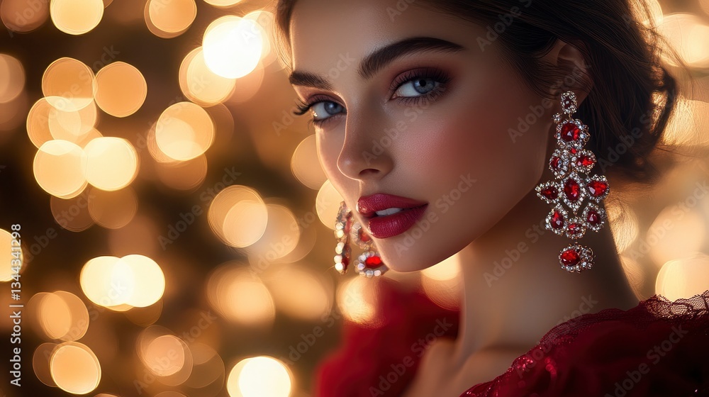 A glamorous close-up of a model in an elegant red dress, showcasing dazzling chandelier earrings