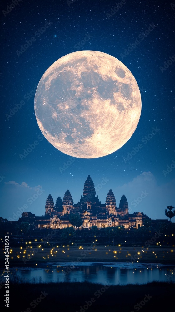 Naklejka premium Majestic Angkor Wat Temple Under a Full Moon Cambodia Night Photography Serene Landscape Wide Angle Historical Wonder