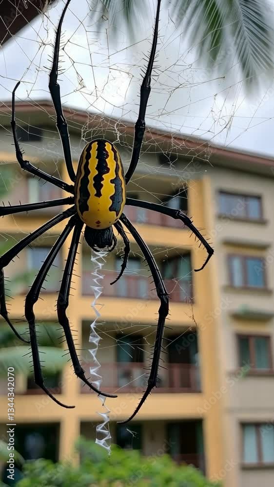Yellow spider weaves intricate web against a residential backdrop in a tropical location during daylight hours Yellow spider weaves intricate web against a residential backdrop in a tropical location during daylight hours