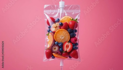 An IV bag filled with fresh fruits, displaying a mix of oranges, berries, and strawberries