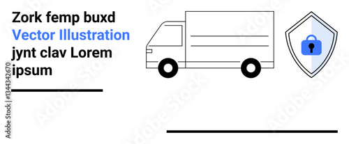 Delivery truck beside shield with lock, emphasizing secure shipping concepts. Ideal for transportation, logistics, delivery services, safety measures, cybersecurity, e-commerce, flat landing page