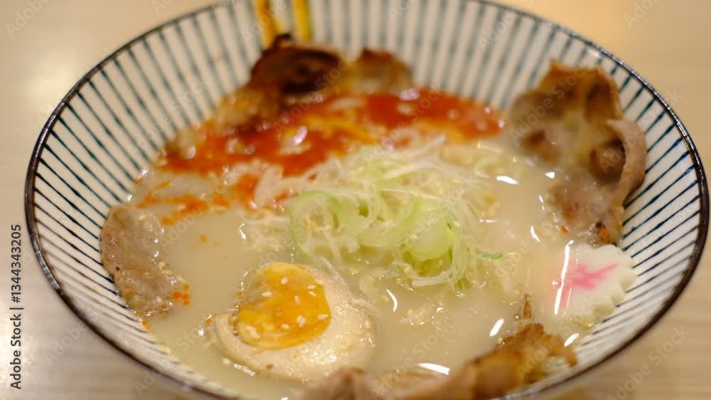 A bowl of ramen with a piece of egg in it. The bowl is white and blue A bowl of ramen with a piece of egg in it. The bowl is white and blue