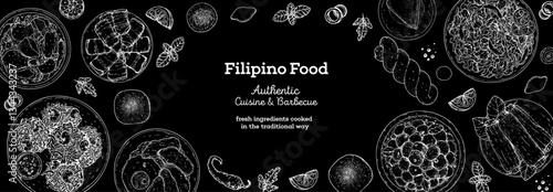 Filipino food top view vector illustration. Food menu design template. Hand drawn sketch. Filipino food menu. Vintage style.