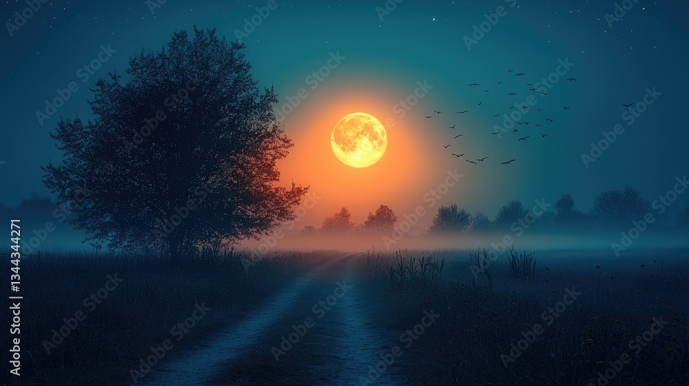 Fototapeta premium Serene Night Landscape with Full Moon and Misty Pathway Under Starry Sky