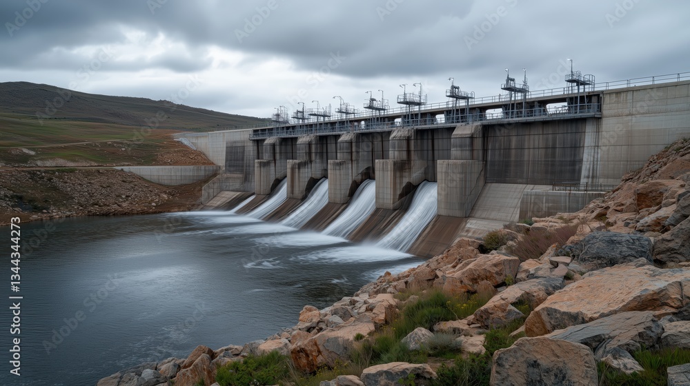 Massive concrete dam with powerful spillways releasing water. Hydroelectric power plant with gushing water in mountainous landscape Massive concrete dam with powerful spillways releasing water. Hydroelectric power plant with gushing water in mountainous landscape