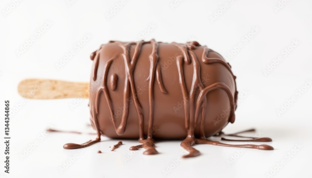 Obraz premium A stick of kulfa ice cream coated in chocolate with a drizzle of chocolate sauce, resting on a white background, with a glossy finish that makes it look mouthwateringly delicious.
