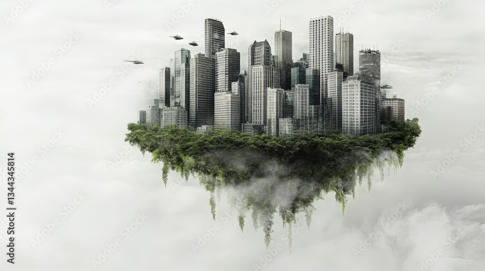Fototapeta premium illustration of modern future city skyscrapers on Floating island, skyscrapers