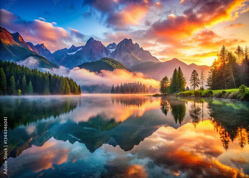 Obraz premium Serene Mountain Lake Landscape at Dawn, Misty Sunrise over Calm Water, Peaceful Nature Scene, Scenic Vista