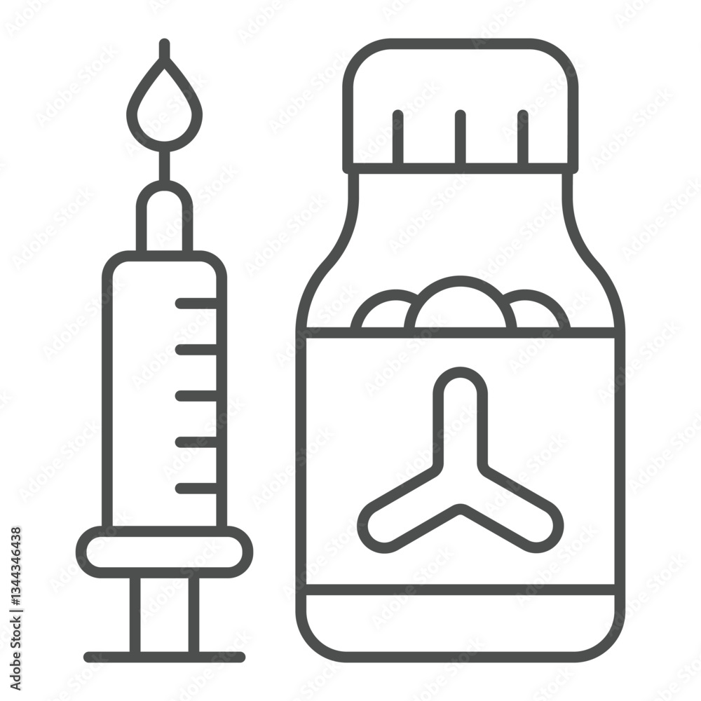 Fototapeta premium Vial bottle with syringe thin line icon, clinical research concept. Vector graphics. Experimental medicine test jar sign on white background, outline style icon for mobile or web design.
