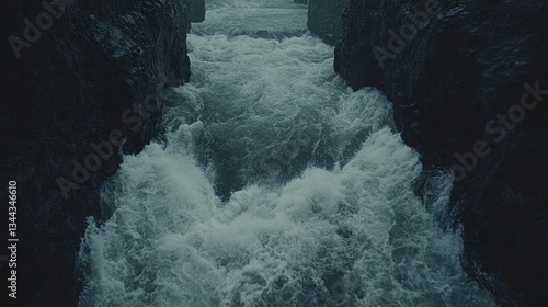 Powerful waterfall rushing through rocky canyon