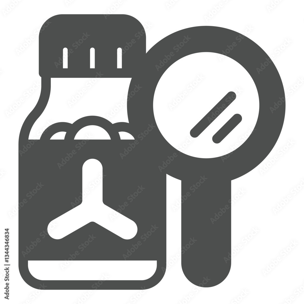 Obraz premium Vial bottle with magnifier solid icon, clinical research concept. Vector graphics. Laboratory experiment test jar sign on white background, glyph style icon for mobile or web design.
