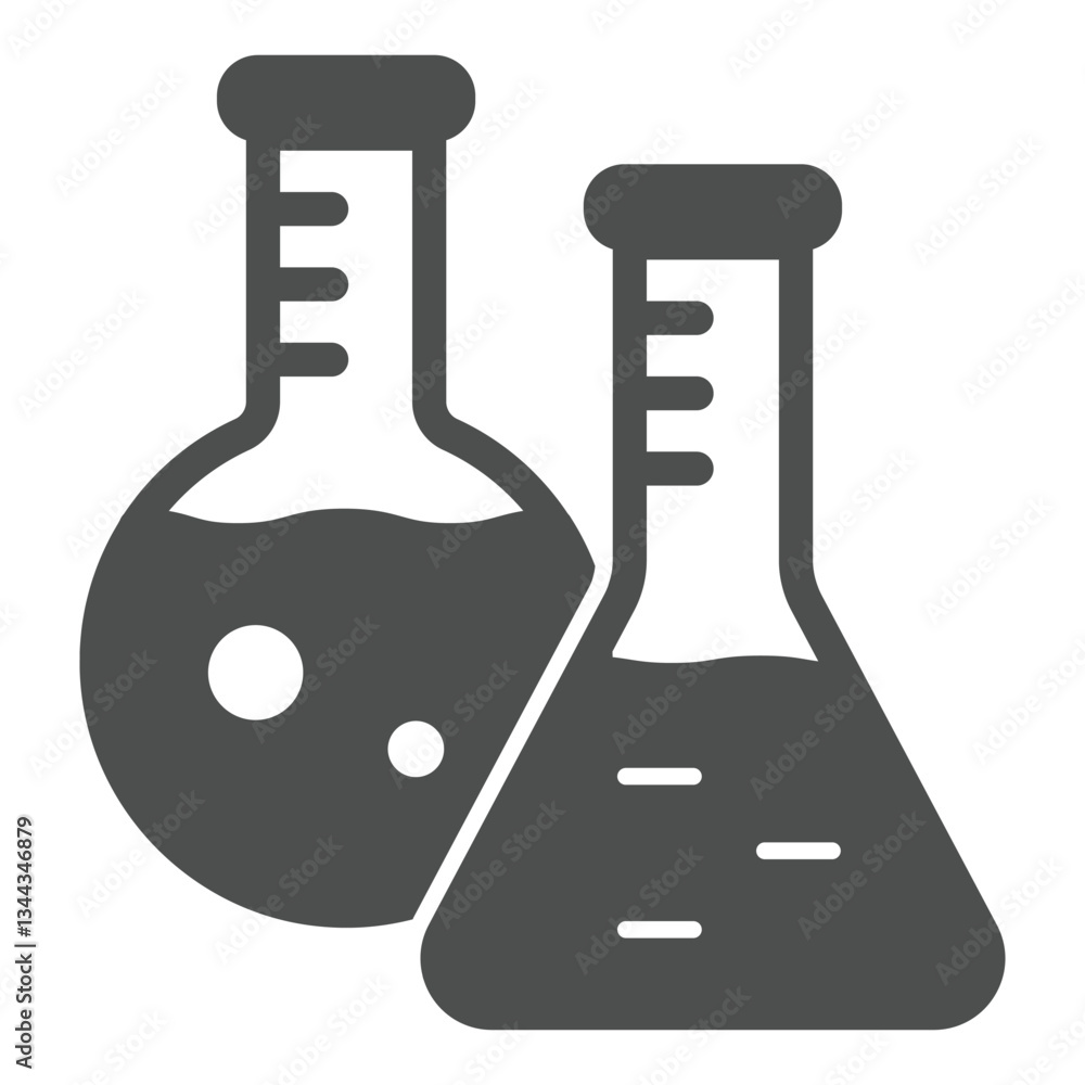 Round and cone flasks solid icon, clinical research concept. Vector graphics. Laboratory test glass sign on white background, glyph style icon for mobile or web design. Round and cone flasks solid icon, clinical research concept. Vector graphics. Laboratory test glass sign on white background, glyph style icon for mobile or web design.