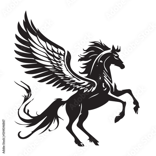 Black and White Pegasus Illustration – Majestic Winged Horse Vector Design