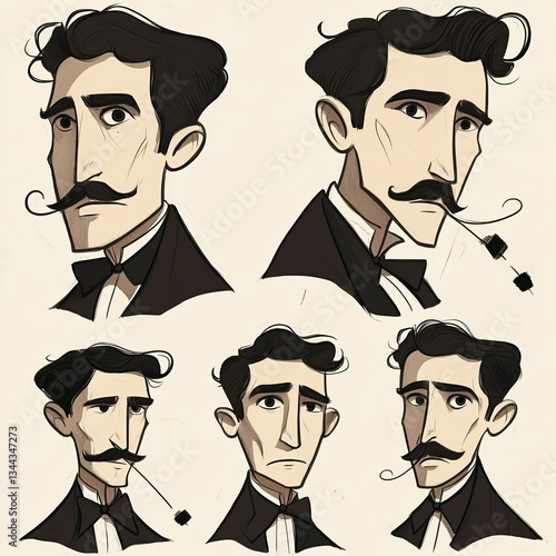 Serie di caricature in stile cartoon di un uomo con i baffi e capelli scuri, pettinati all'indietro. Diverse espressioni facciali e angolazioni. Indossa un abito formale nero con una camicia bianca. 