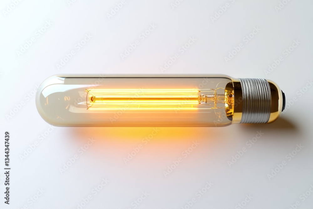 A glowing long cylindrical light bulb with a gold base on a white background. A glowing long cylindrical light bulb with a gold base on a white background.