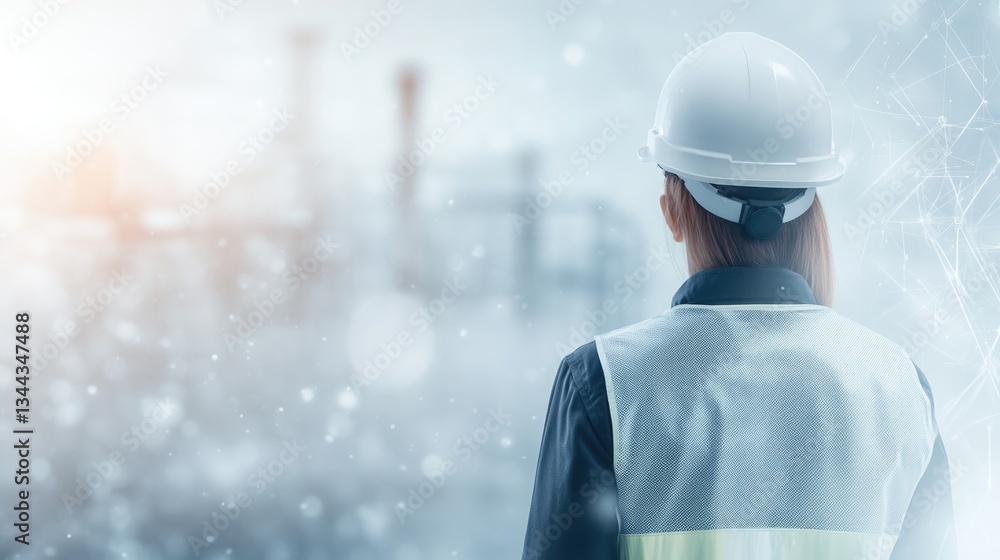 safety officer in focus stands in modern industrial site wearing hard hat and reflective vest safety officer in focus stands in modern industrial site wearing hard hat and reflective vest
