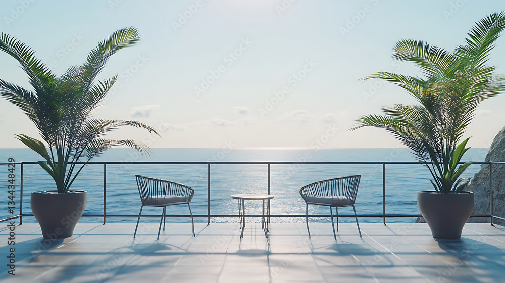 Fototapeta premium Relaxing Seaside Balcony with Comfortable Lounge and Beautiful Ocean View