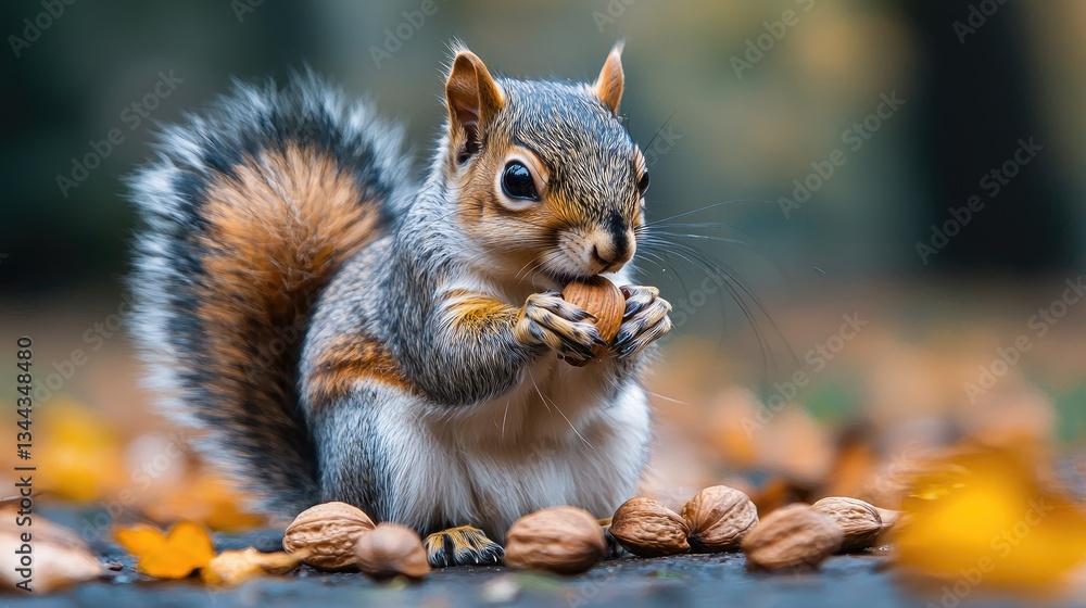 Squirrel Enjoying Nuts Amidst Autumn Leaves in a Park Setting Squirrel Enjoying Nuts Amidst Autumn Leaves in a Park Setting