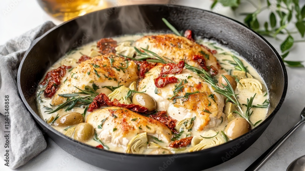 Tuscan chicken creamy concept. A creamy chicken dish with sun-dried tomatoes and olives, garnished with rosemary, served in a rustic black skillet. Tuscan chicken creamy concept. A creamy chicken dish with sun-dried tomatoes and olives, garnished with rosemary, served in a rustic black skillet.