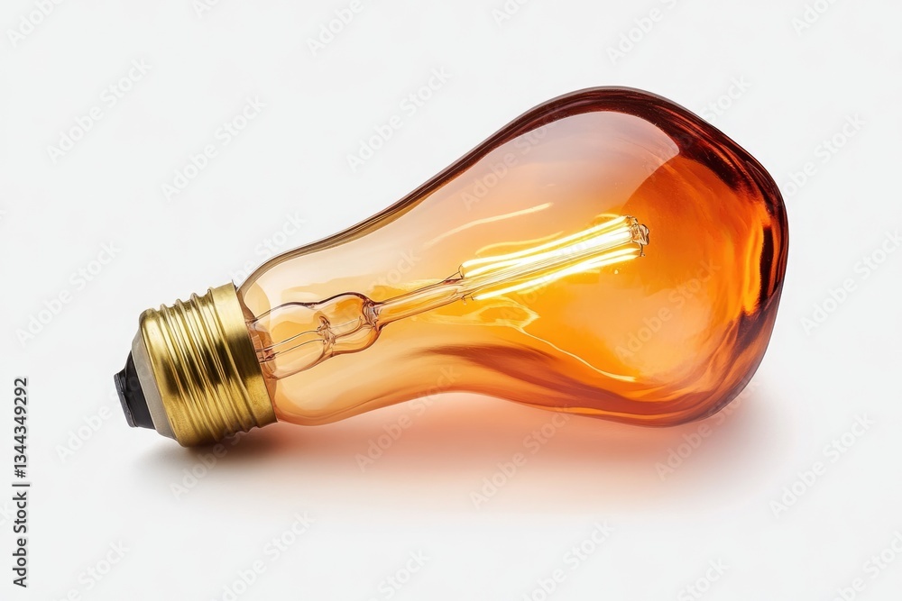 Fototapeta premium Amber-colored light bulb with a glowing filament, resting on a white background.