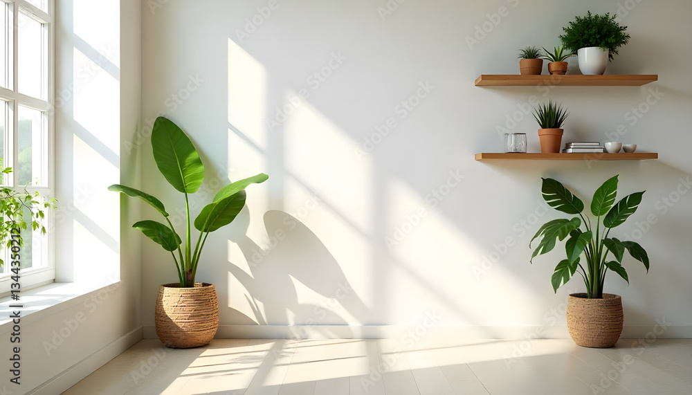A wihte wall panelling decorate with small tree and woden shelf. A wihte wall panelling decorate with small tree and woden shelf.