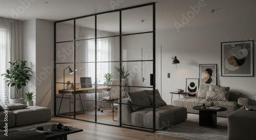 Modern Home Office and Living Room with Glass Partition Wall Design
