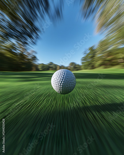 Golf ball flying through the air on a sunny day in a lush green golf course