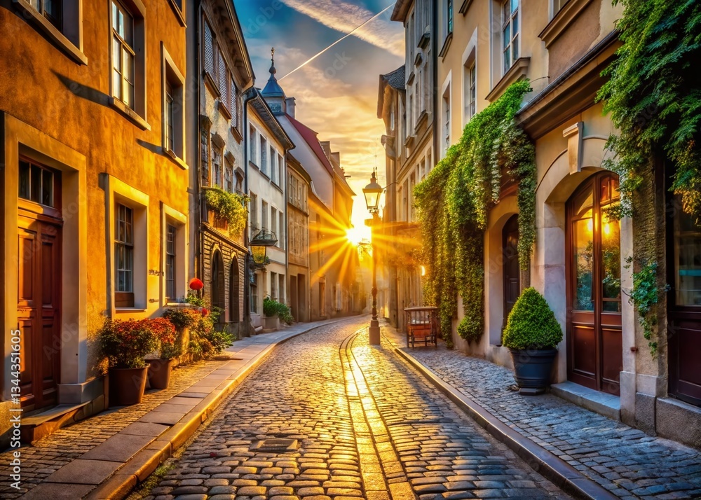 Fototapeta premium Serene Sunrise: Quiet European City Street at Dawn - Stock Photo