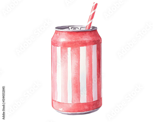 Refreshing red soda can with straw isolated on transparent background