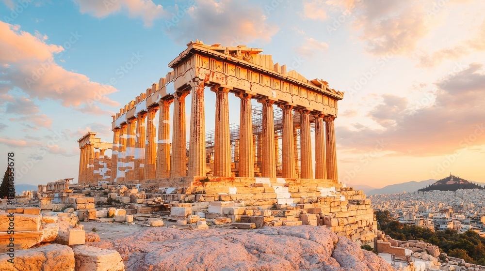 Fototapeta premium Majestic Parthenon at Sunset Athens Architectural Wonder Historical Landmark Panoramic View Cultural Heritage