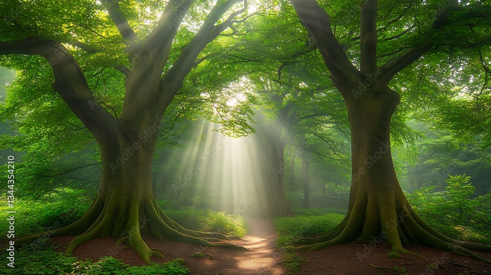 Obraz premium Sunlight filters down through the trees in forest
