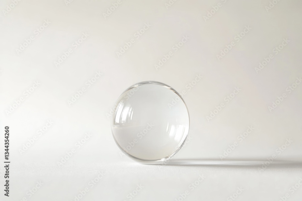 A clear glass sphere rests on a white surface, reflecting light and casting a subtle shadow. A clear glass sphere rests on a white surface, reflecting light and casting a subtle shadow.