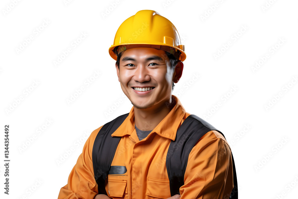 Smiling construction worker wearing helmet, isolated on transparent background Smiling construction worker wearing helmet, isolated on transparent background