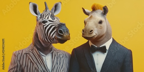 Zebra and Horse in Suits: A zebra and a horse, each adorned in stylish suits, stand side-by-side against a yellow backdrop, capturing the essence of unique partnership and stylized representation.