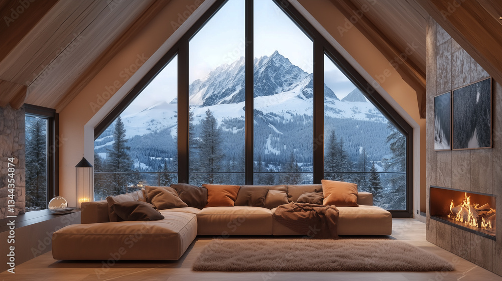 Fototapeta premium Cozy chalet living room with panoramic windows offers breathtaking mountain views. A warm fireplace adds to the winter ambiance, creating a relaxing retreat. Image made using Generative AI.