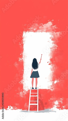 A woman is painting a wall with a ladder