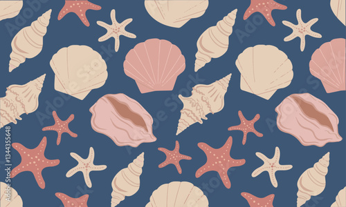A seamless vector-style illustration featuring various seashells and starfish , easily editable.