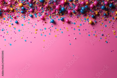 Top view flat lay of colorful confetti and sprinkles on pink background with ample copy space for text, perfect for birthday party decoration and concept, high-resolution realistic light and color, pr