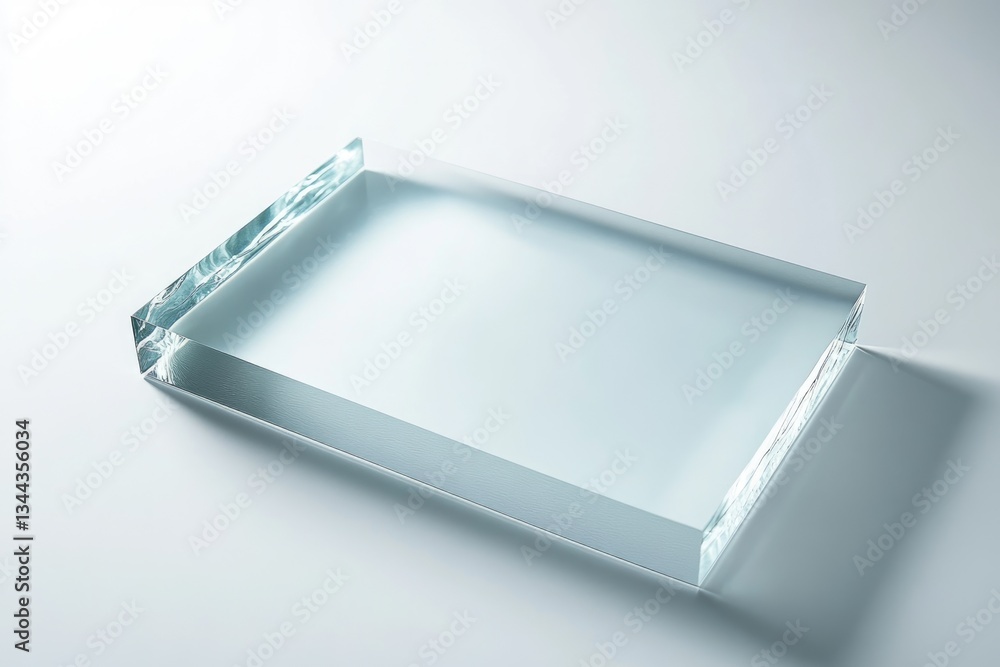 A clear, rectangular glass block rests on a white background, showcasing its transparency and smooth surface. A clear, rectangular glass block rests on a white background, showcasing its transparency and smooth surface.