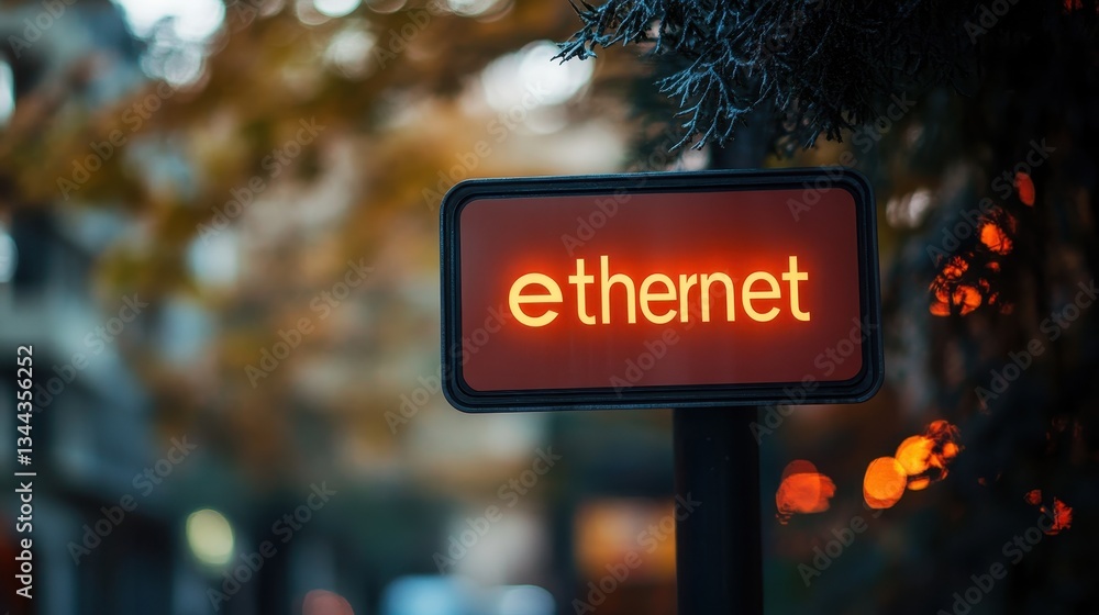 Illuminated Ethernet Sign in Urban Setting with Autumn Backdrop Highlighting Technology and Connectivity in City Environment