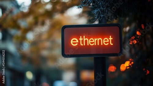 Obraz na płótnie Illuminated Ethernet Sign in Urban Setting with Autumn Backdrop Highlighting Technology and Connectivity in City Environment w salonie